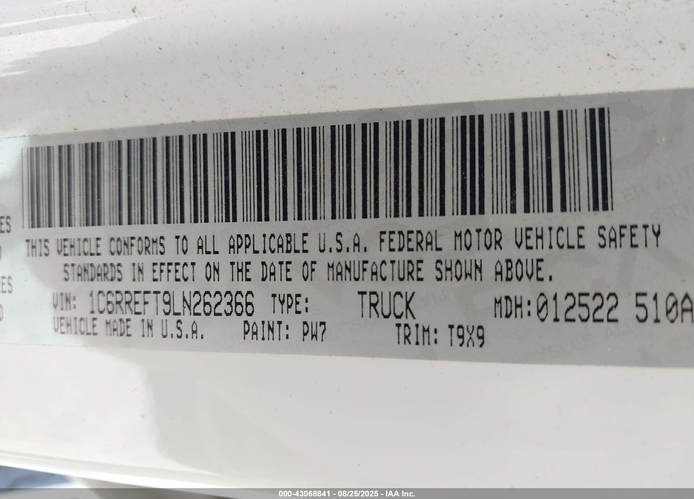 2020 RAM 1500 BIG HORN 4X2 5'7 BOX VIN: 1C6RREFT9LN262366
