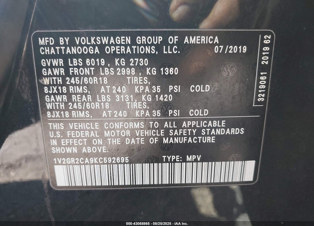 2019 VOLKSWAGEN ATLAS VIN: 1V2GR2CA9KC592695