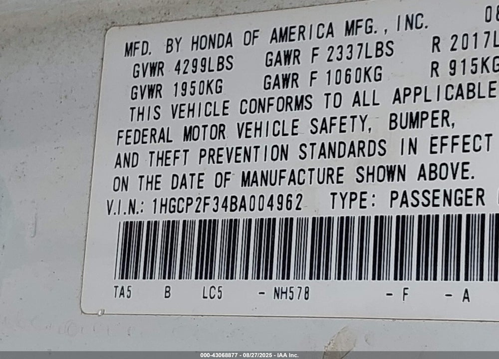 2011 HONDA ACCORD VIN: 1HGCP2F34BA004962