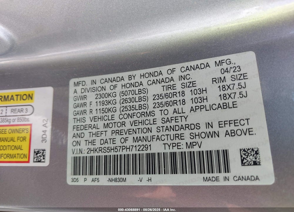 2023 HONDA CR-V VIN: 2HKRS5H57PH712291