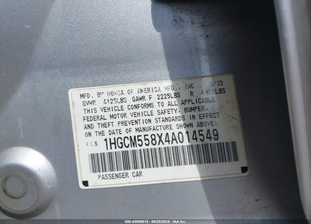 2004 HONDA ACCORD 2.4 EX VIN: 1HGCM558X4A014549