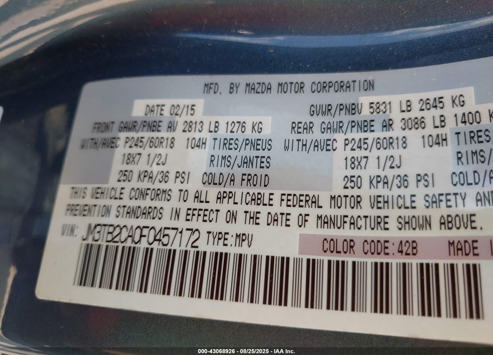 2015 MAZDA CX-9 VIN: JM3TB2CA0F0457172