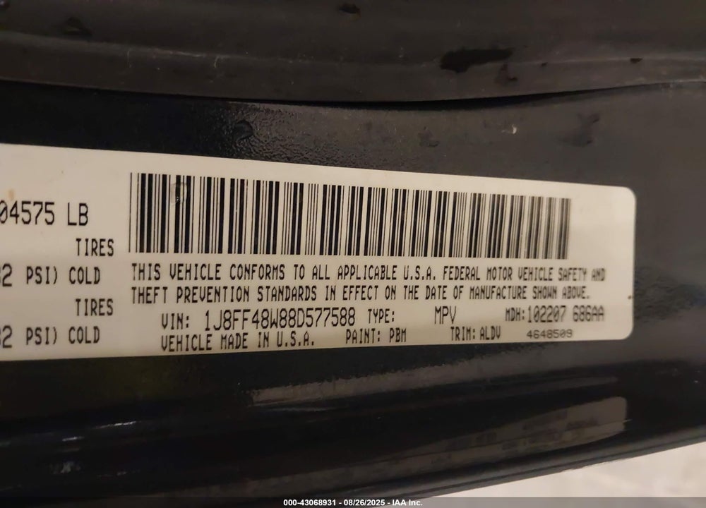 2008 JEEP PATRIOT LIMITED VIN: 1J8FF48W88D577588