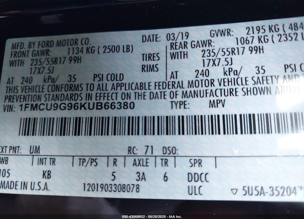 2019 FORD ESCAPE SE VIN: 1FMCU9G96KUB66380
