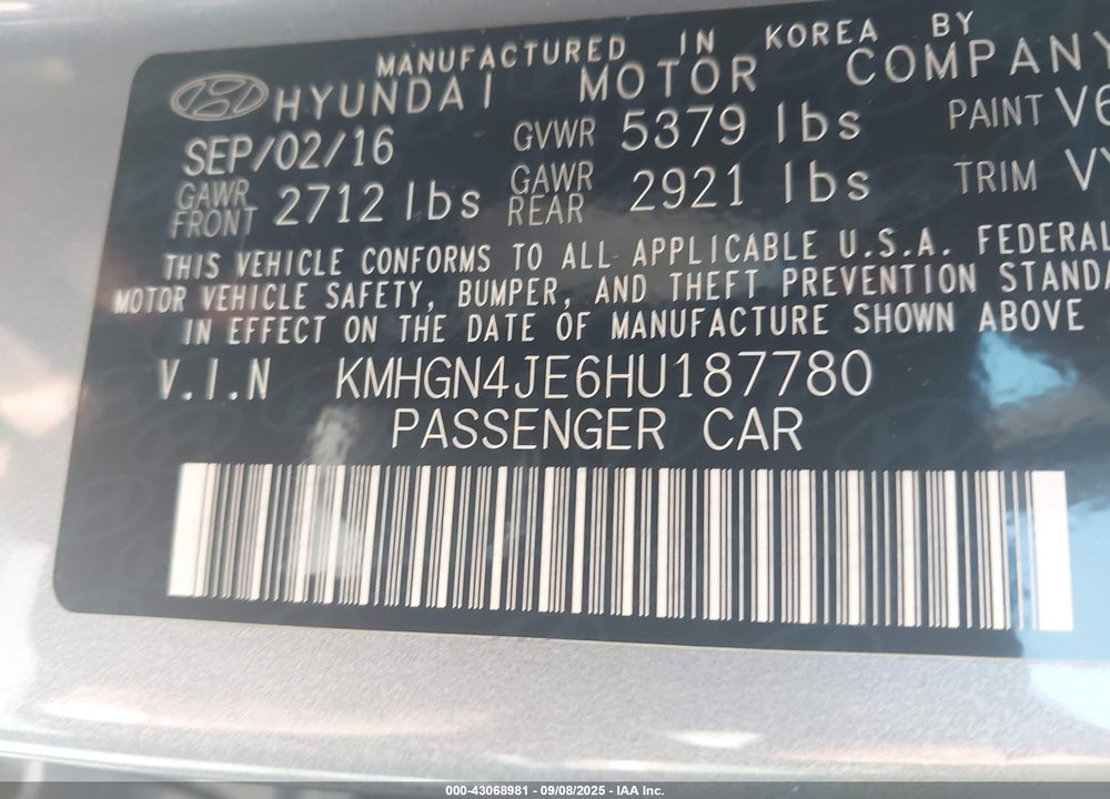 2017 GENESIS G80 VIN: KMHGN4JE6HU187780