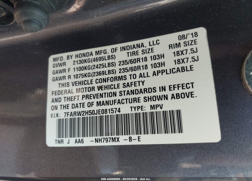 2018 HONDA CR-V VIN: 7FARW2H50JE081574