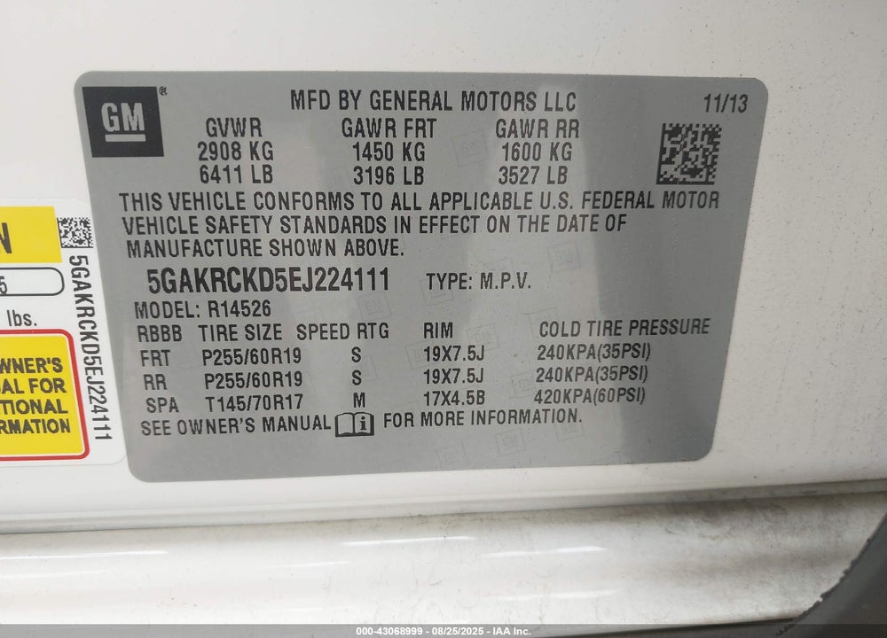 2014 BUICK ENCLAVE PREMIUM VIN: 5GAKRCKD5EJ224111