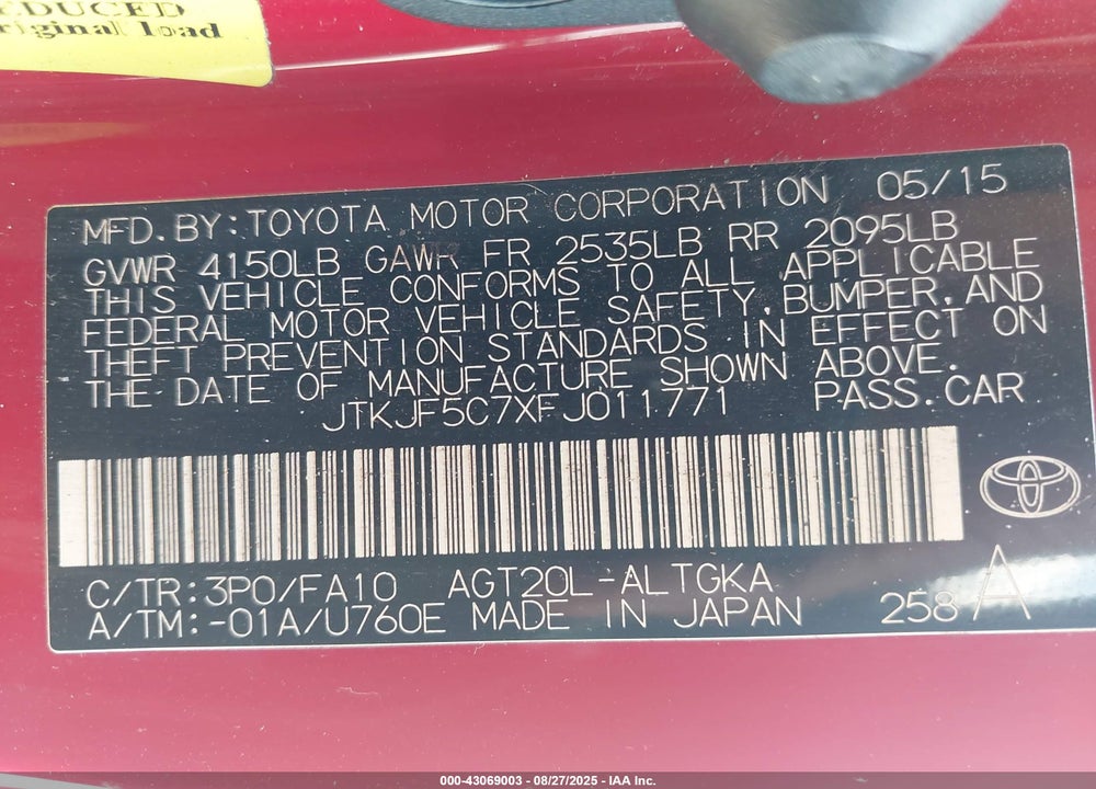 2015 SCION TC VIN: JTKJF5C7XFJ011771
