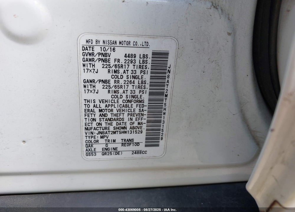 2017 NISSAN ROGUE VIN: JN8AT2MT5HW131529