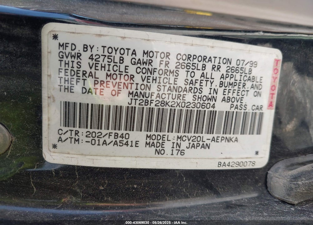 1999 TOYOTA CAMRY LE V6 VIN: JT2BF28K2X0230604