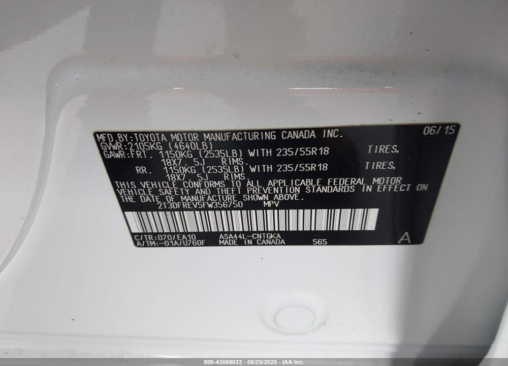 2015 TOYOTA RAV4 VIN: 2T3DFREV5FW356750