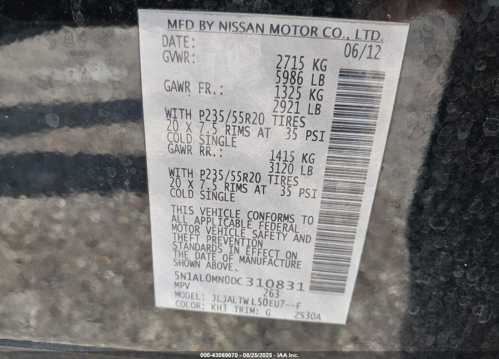 2013 INFINITI JX35 VIN: 5N1AL0MN0DC310831
