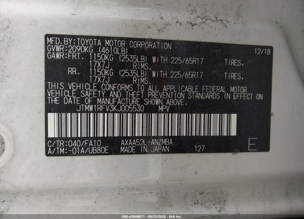 2019 TOYOTA RAV4 VIN: JTMW1RFV3KJ005530