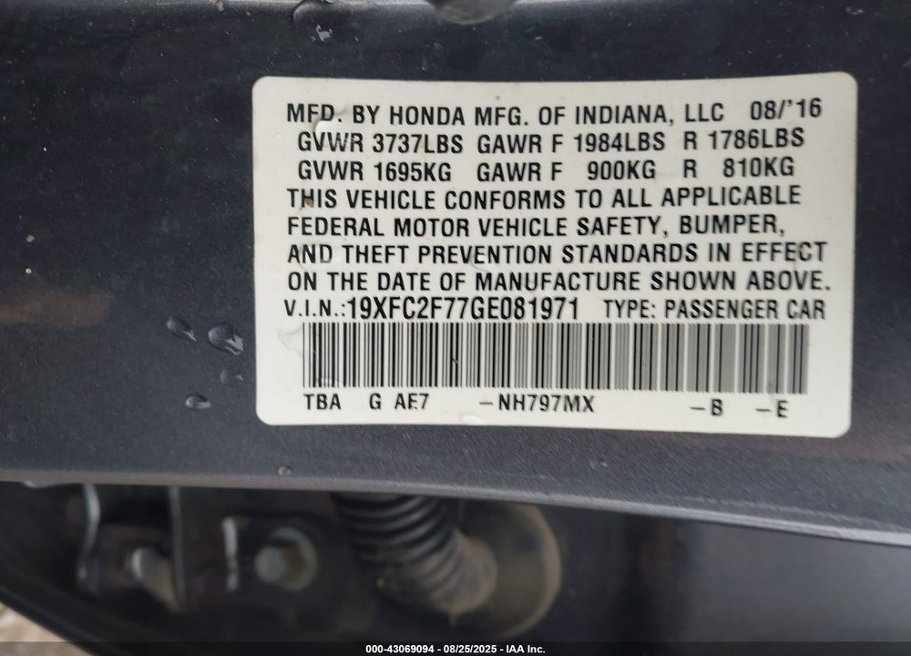 2016 HONDA CIVIC VIN: 19XFC2F77GE081971
