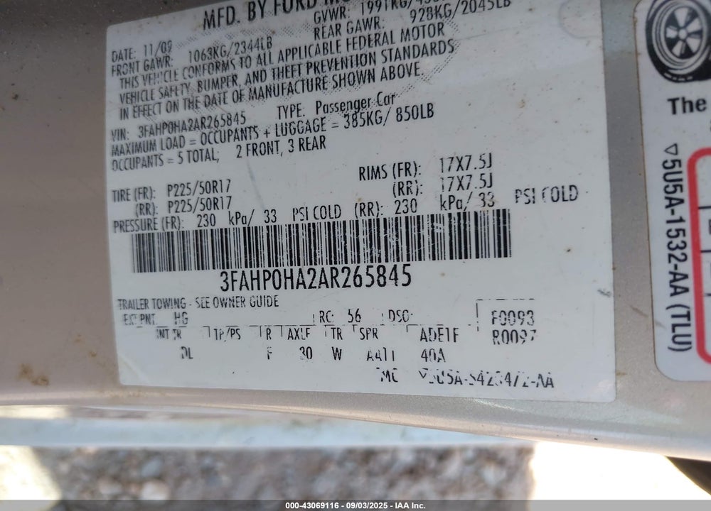 2010 FORD FUSION VIN: 3FAHP0HA2AR265845