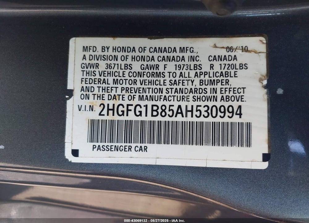 2010 HONDA CIVIC VIN: 2HGFG1B85AH530994