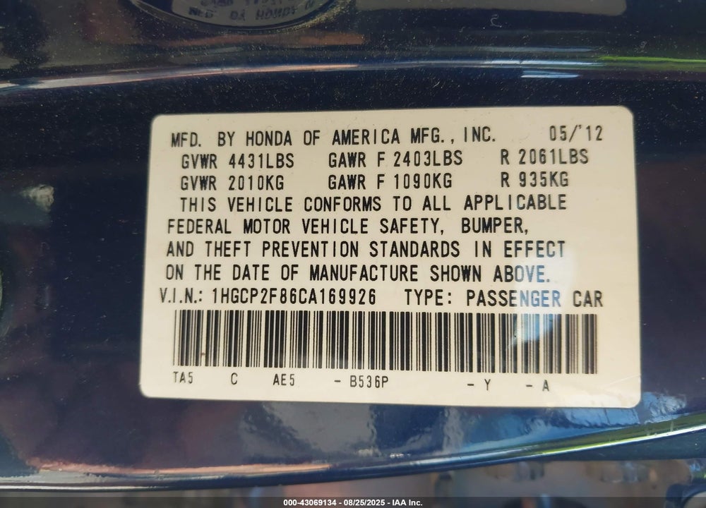 2012 HONDA ACCORD VIN: 1HGCP2F86CA169926