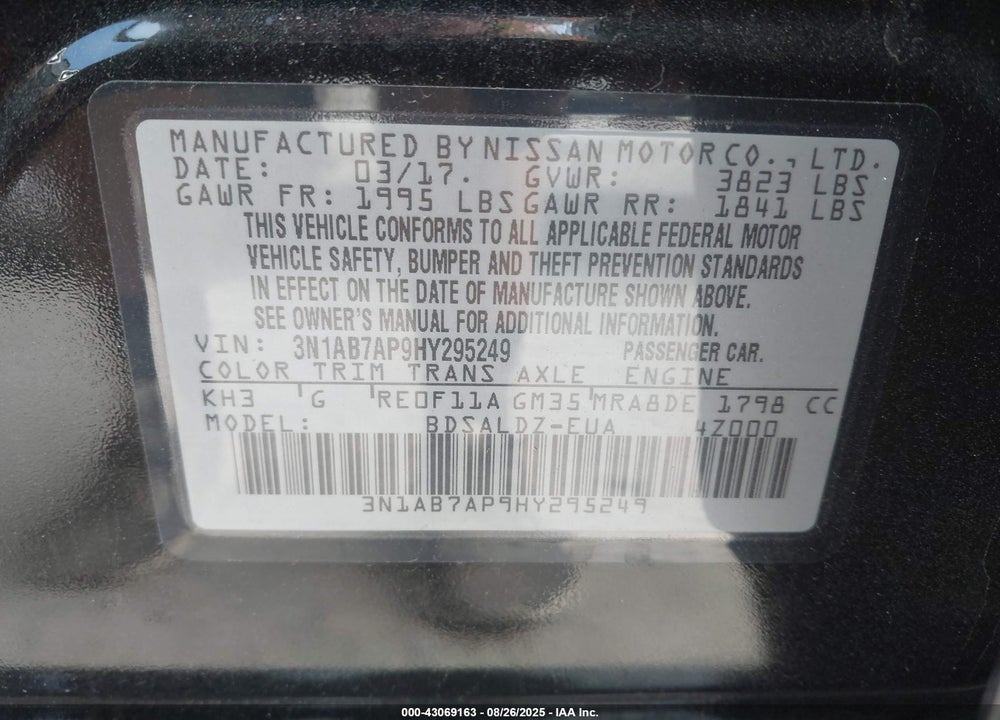 2017 NISSAN SENTRA VIN: 3N1AB7AP9HY295249