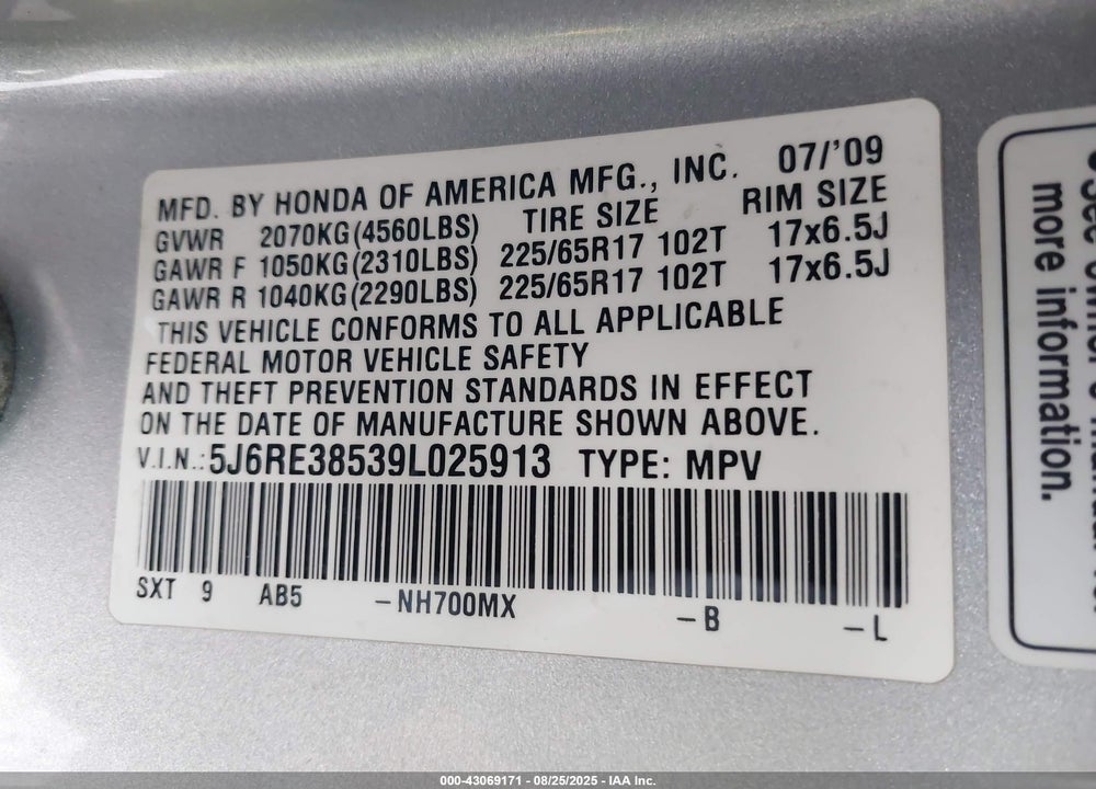 2009 HONDA CR-V VIN: 5J6RE38539L025913