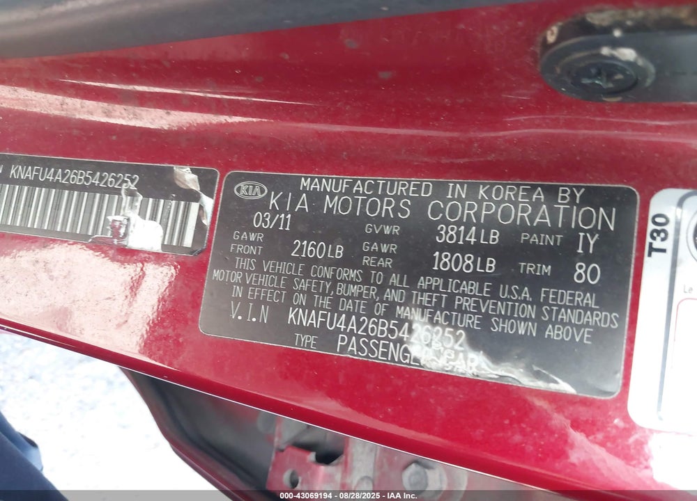2011 KIA FORTE VIN: KNAFU4A26B5426252