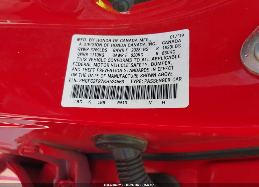 2019 HONDA CIVIC VIN: 2HGFC2F87KH524563