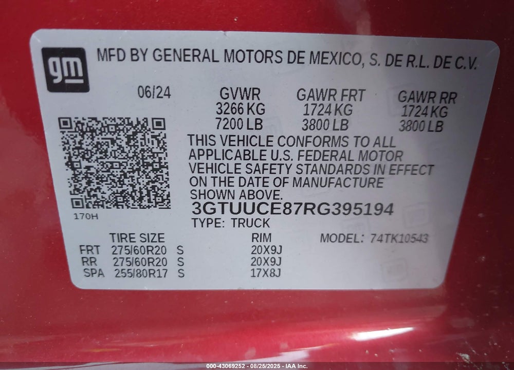 2024 GMC SIERRA 1500 VIN: 3GTUUCE87RG395194