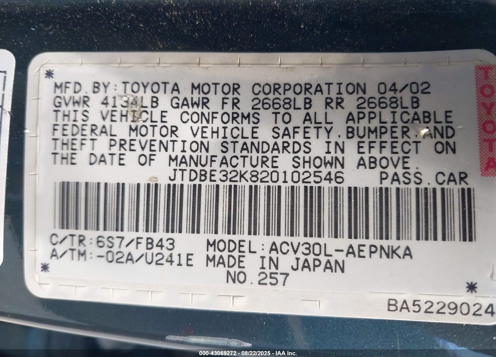 2002 TOYOTA CAMRY LE VIN: JTDBE32K820102546