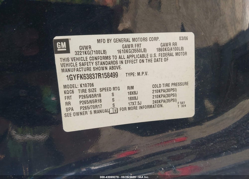 2007 CADILLAC ESCALADE STANDARD VIN: 1GYFK63837R158499
