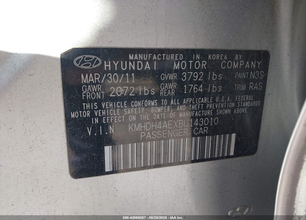 2011 HYUNDAI ELANTRA GLS (ULSAN PLANT) VIN: KMHDH4AEXBU143010
