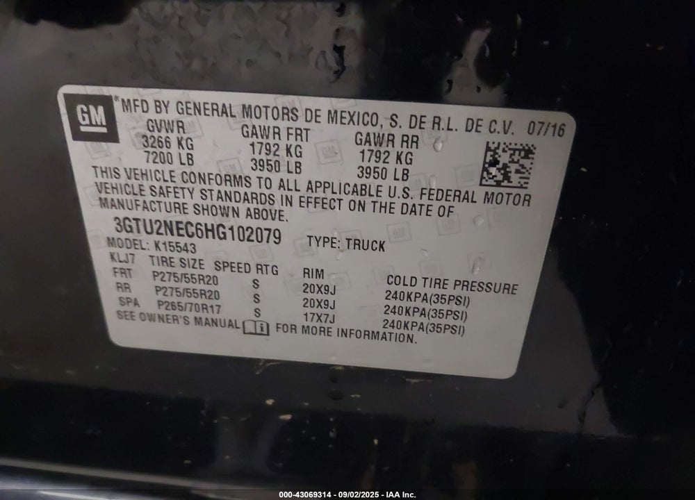 2017 GMC SIERRA 1500 VIN: 3GTU2NEC6HG102079