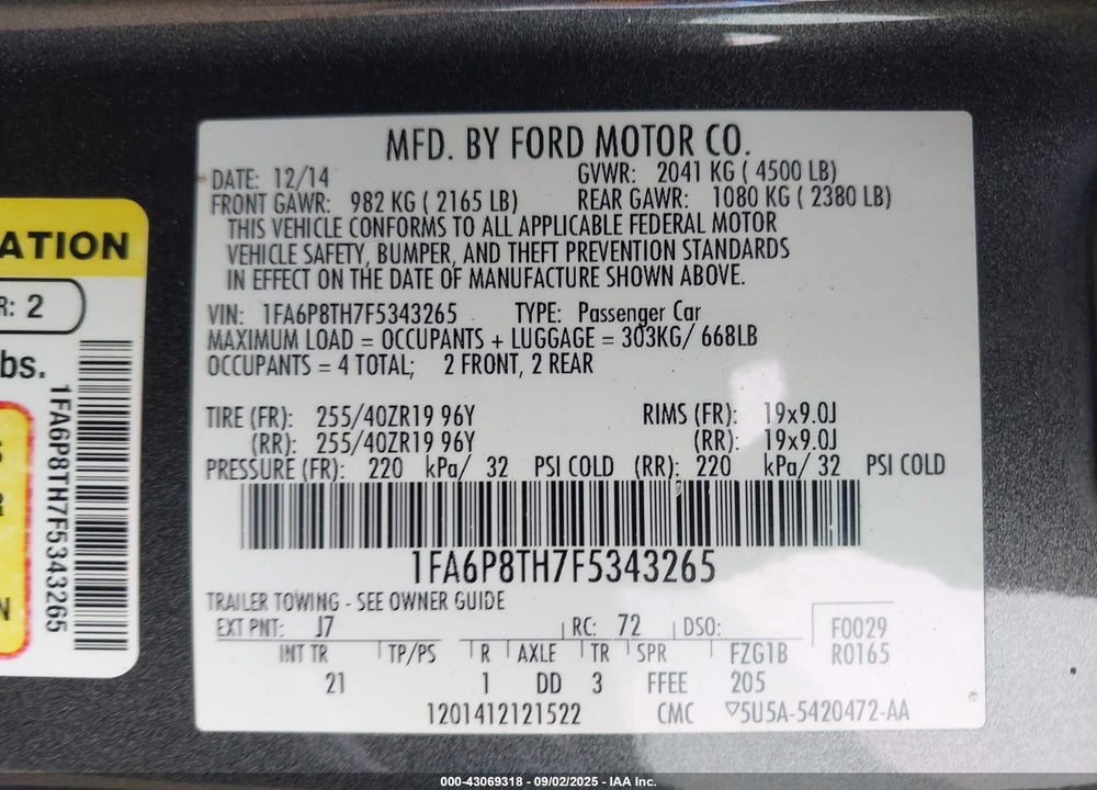 2015 FORD MUSTANG VIN: 1FA6P8TH7F5343265