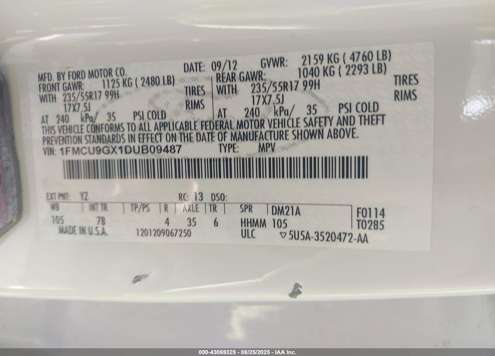 2013 FORD ESCAPE VIN: 1FMCU9GX1DUB09487