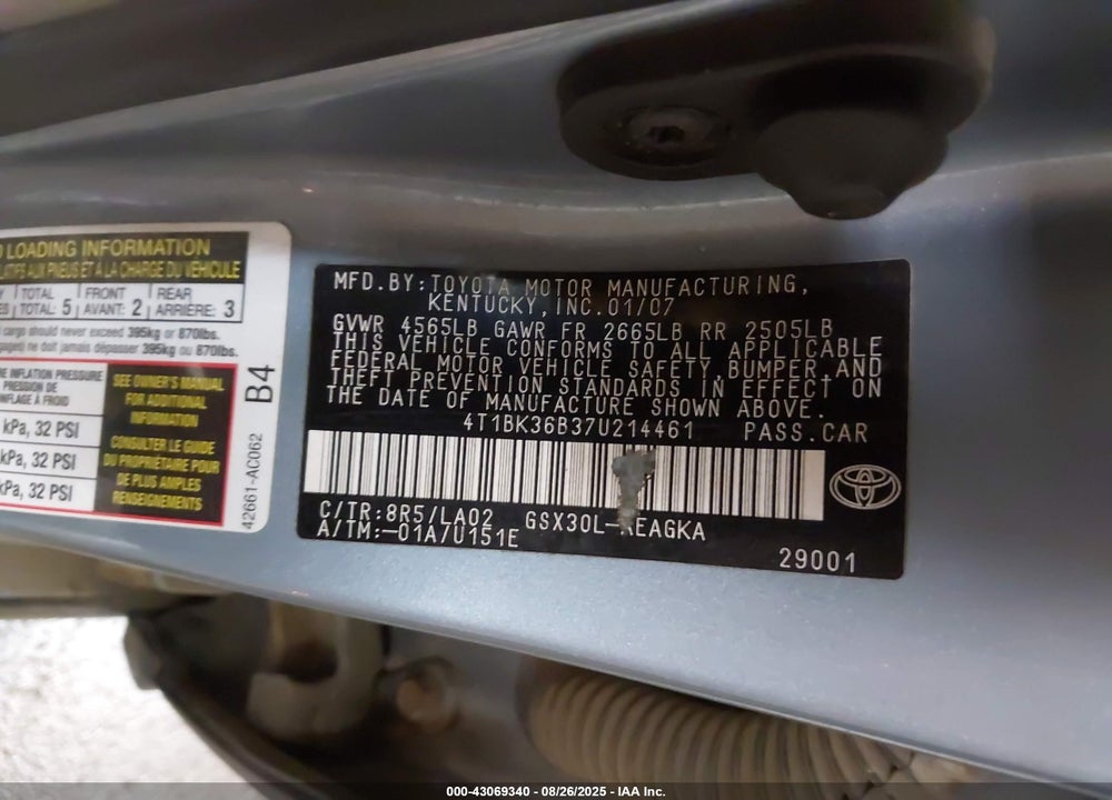 2007 TOYOTA AVALON XLS VIN: 4T1BK36B37U214461