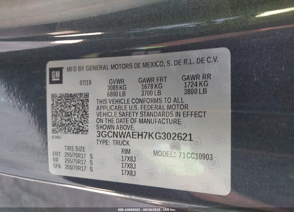 2019 CHEVROLET SILVERADO 1500 VIN: 3GCNWAEH7KG302621