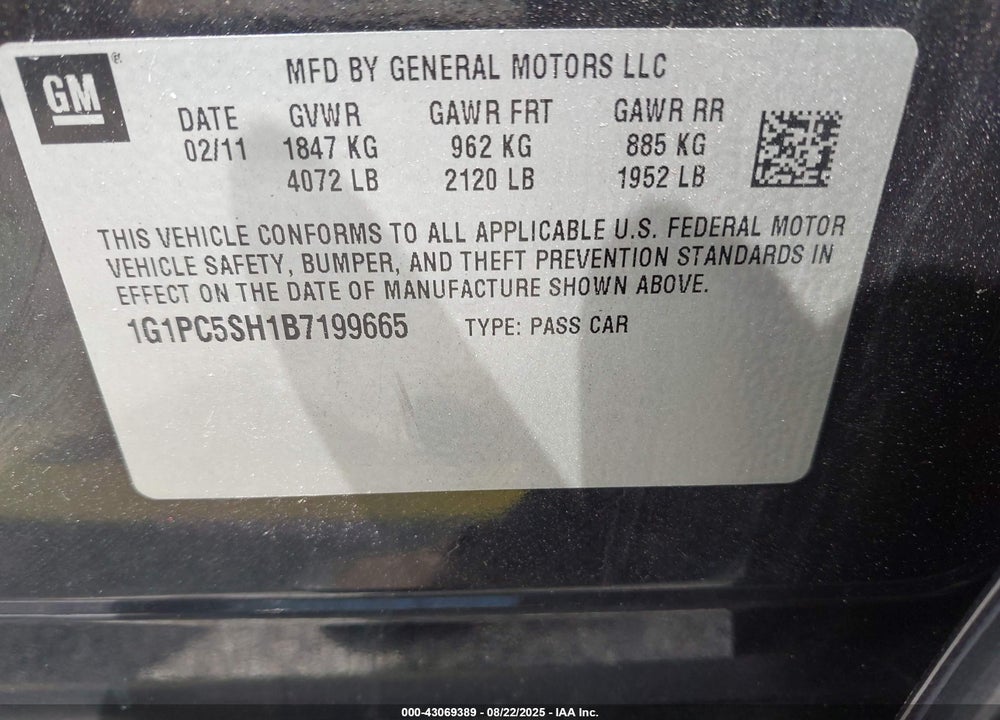 2011 CHEVROLET CRUZE VIN: 1G1PC5SH1B7199665