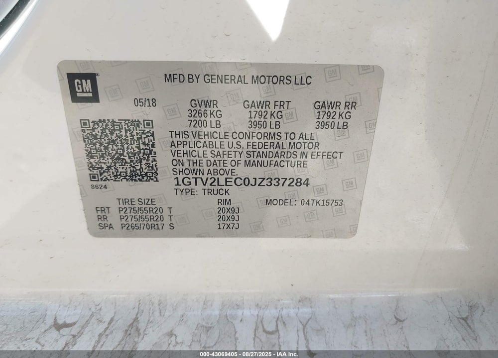 2018 GMC SIERRA 1500 VIN: 1GTV2LEC0JZ337284
