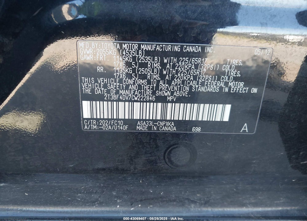 2012 TOYOTA RAV4 VIN: 2T3BF4DV7CW222846