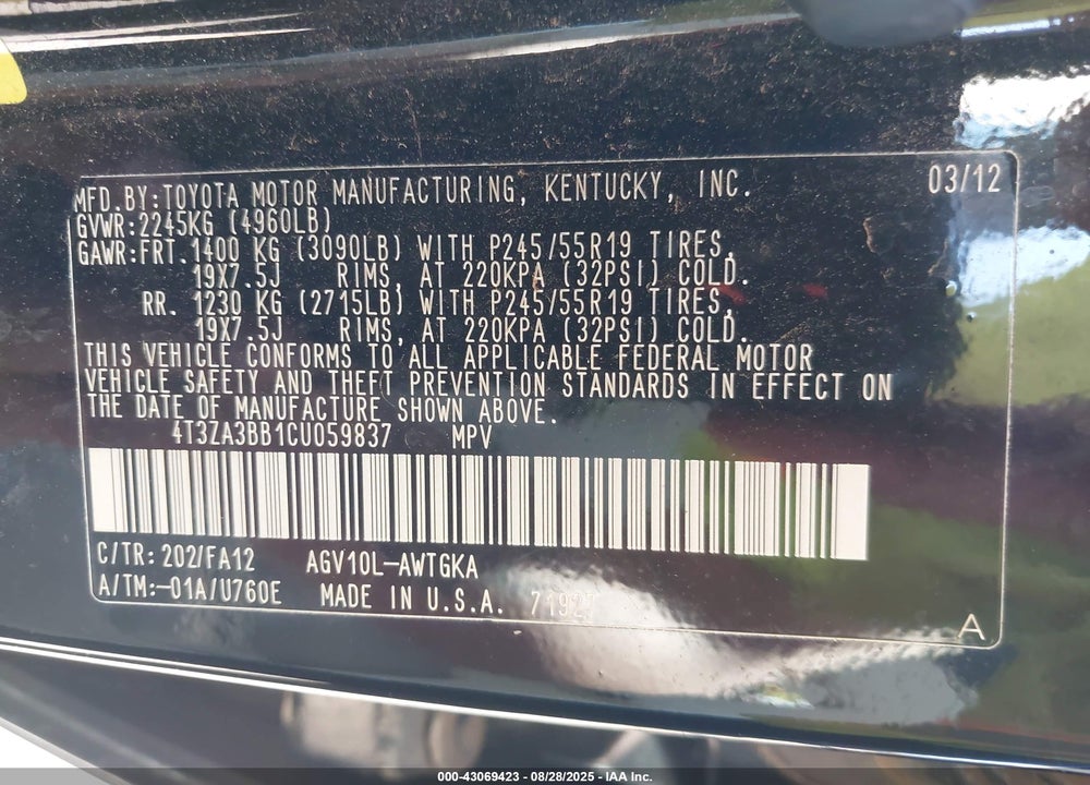 2012 TOYOTA VENZA VIN: 4T3ZA3BB1CU059837