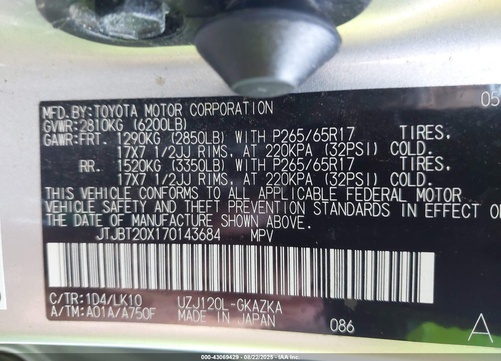 2007 LEXUS GX 470 VIN: JTJBT20X170143684