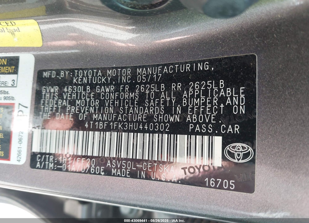 2017 TOYOTA CAMRY VIN: 4T1BF1FK3HU440302