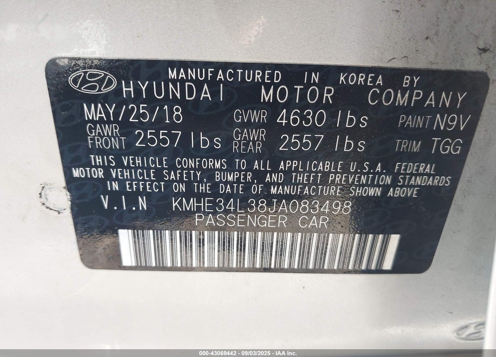 2018 HYUNDAI SONATA HYBRID VIN: KMHE34L38JA083498