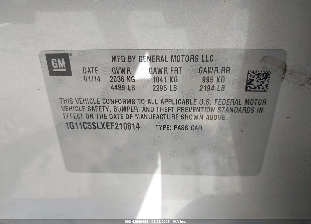 2014 CHEVROLET MALIBU VIN: 1G11C5SLXEF210814