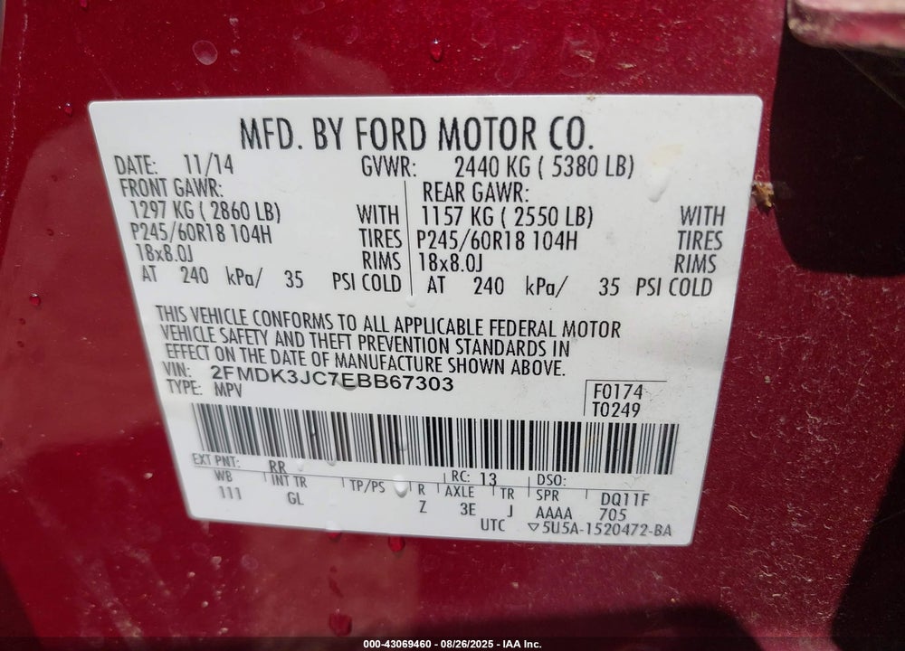 2014 FORD EDGE VIN: 2FMDK3JC7EBB67303
