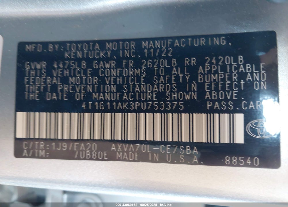 2023 TOYOTA CAMRY VIN: 4T1G11AK3PU753375