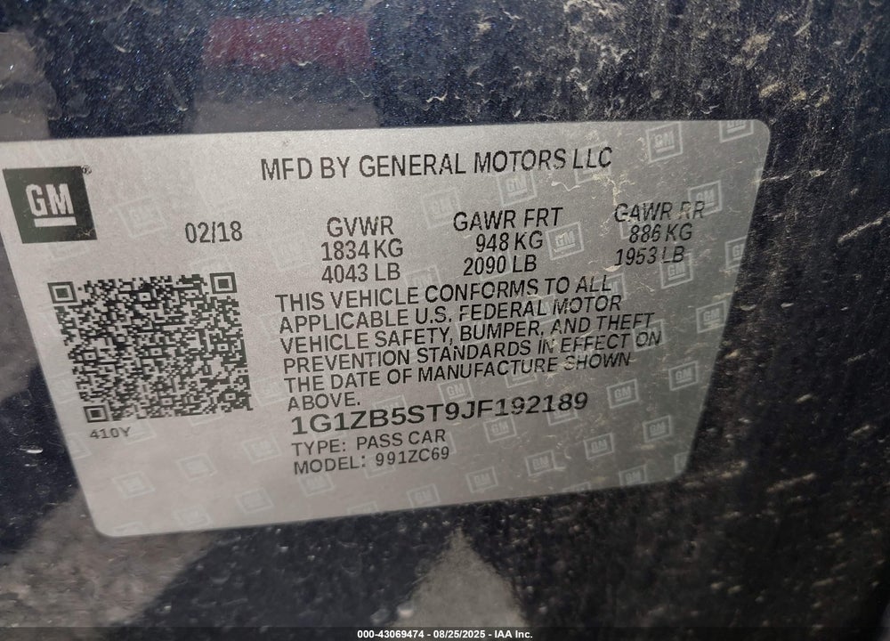 2018 CHEVROLET MALIBU VIN: 1G1ZB5ST9JF192189