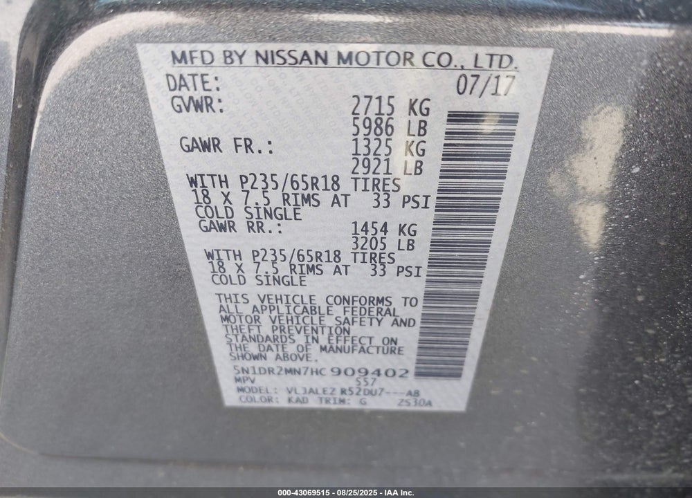 2017 NISSAN PATHFINDER VIN: 5N1DR2MN7HC909402