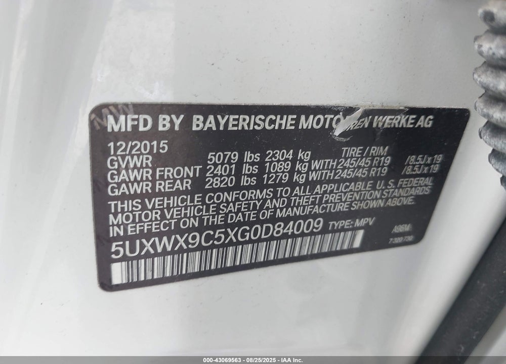 2016 BMW X3 VIN: 5UXWX9C5XG0D84009