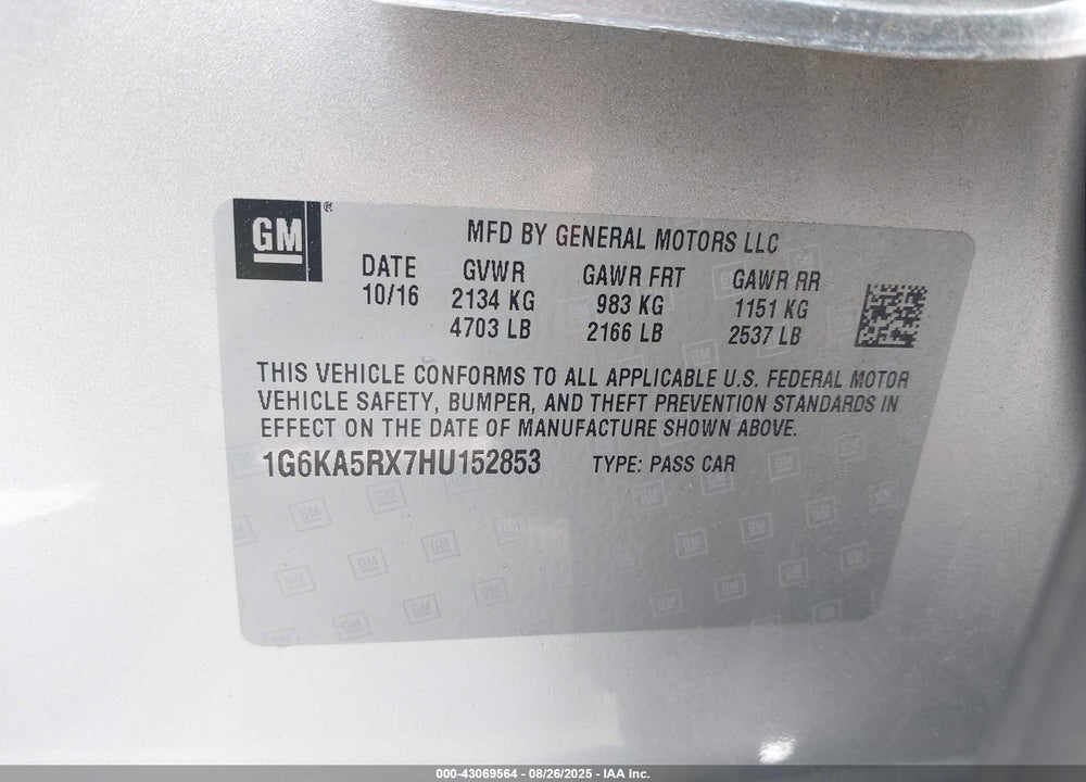 2017 CADILLAC CT6 VIN: 1G6KA5RX7HU152853
