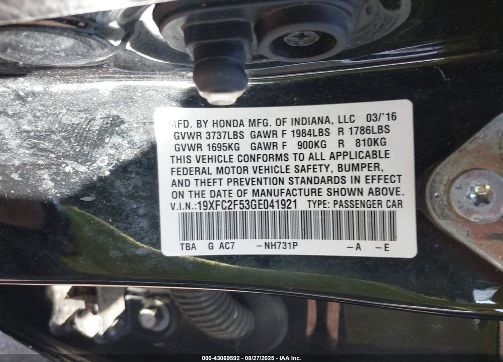 2016 HONDA CIVIC VIN: 19XFC2F53GE041921
