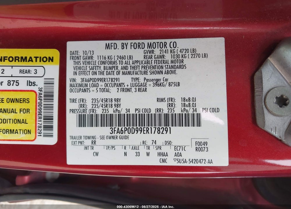 2014 FORD FUSION TITANIUM VIN: 3FA6P0D99ER178291